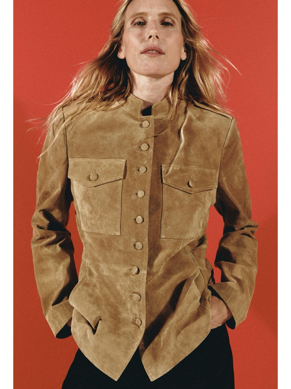 Zara 100% LEATHER JACKET WITH COVERED BUTTONS